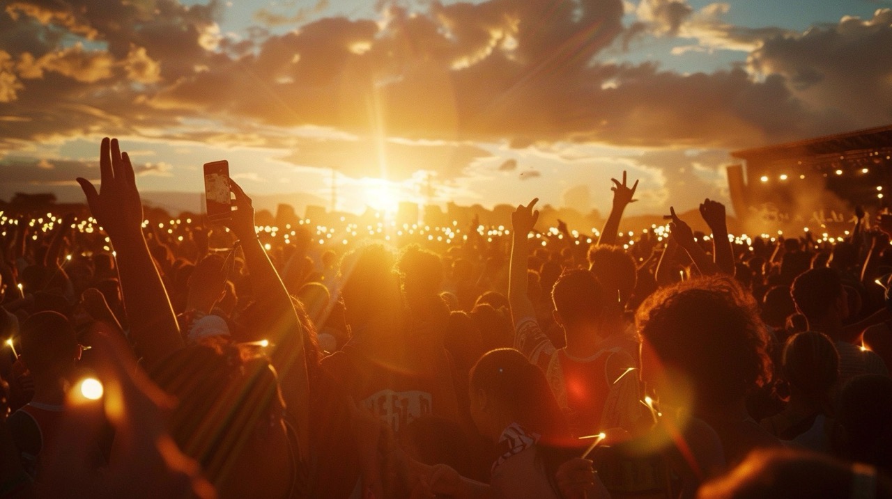 Huge festival crowd at sunset, global Arctic Monkeys fan culture